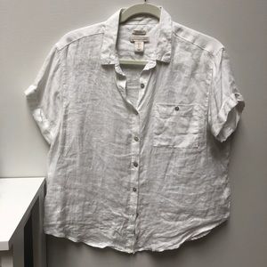 White Linen Square Button Up Short Sleeve Shirt